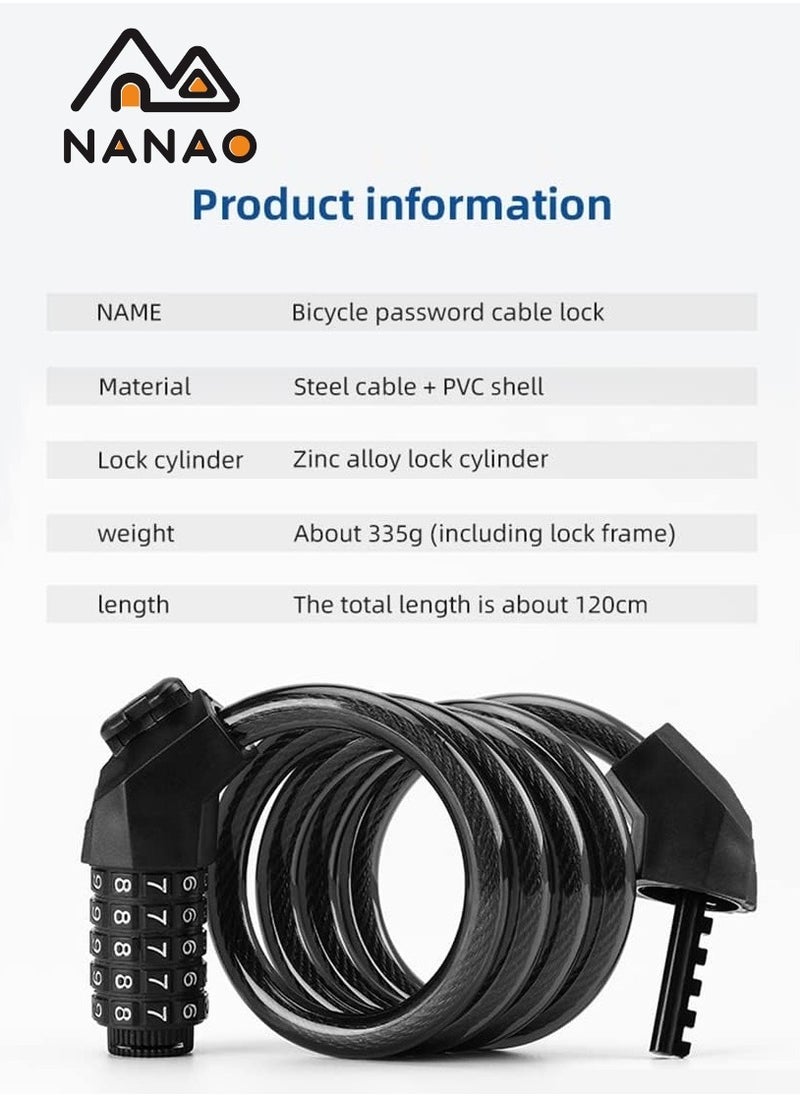 NANAO - Bike Lock, 5-Digit bicycle lock password bike lock anti-theft cable lock Coded Combination Lock, for Bicycle Stroller Scooter Electric Cycle Outdoor, 1.2M (4 Feet) - Image 1