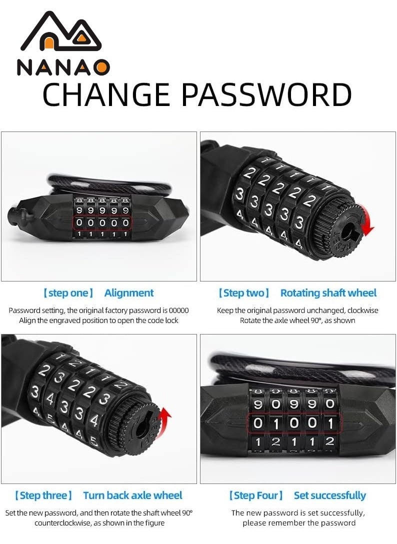 NANAO - Bike Lock, 5-Digit bicycle lock password bike lock anti-theft cable lock Coded Combination Lock, for Bicycle Stroller Scooter Electric Cycle Outdoor, 1.2M (4 Feet) - Image 1
