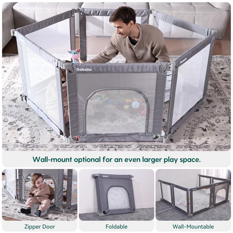 Babelio Wall Mountable Playard, Foldable Playpen for Babies and Toddlers- Adjustable Shape & Area, 62 * 31" Playpen with Zipper Gate, Portable Baby Fence for Indoor & Outdoor - Image 2