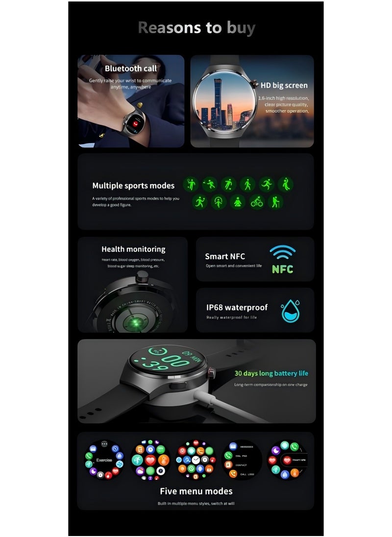 PRO - Smartwatch GT4 PRO with Bluetooth calling function (receive/make calls), fitness tracking watch with sleep monitoring function, for iPhone/Android, with 17cm black steel strap - Image 1