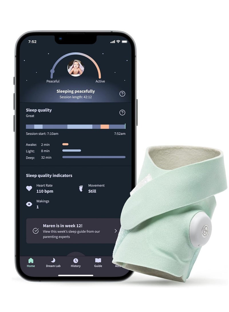 أوليت جورب Owlet Dream Sock Plus - جهاز مراقبة ذكي للأطفال مع معدل ضربات القلب ومتوسط ​​الأكسجين O2 كمؤشرات لجودة النوم - جورب قياسي وجورب كبير الحجم لينمو مع الطفل، لون النعناع - Image 1