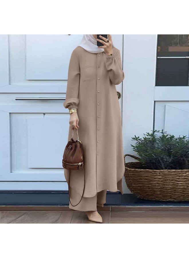 general 2 Piece Abayaa Set Women'S Daily Commuting Button Fastening Long Sleeve Shirt Top And Elastic Waist Wide Leg Pants - Image 1