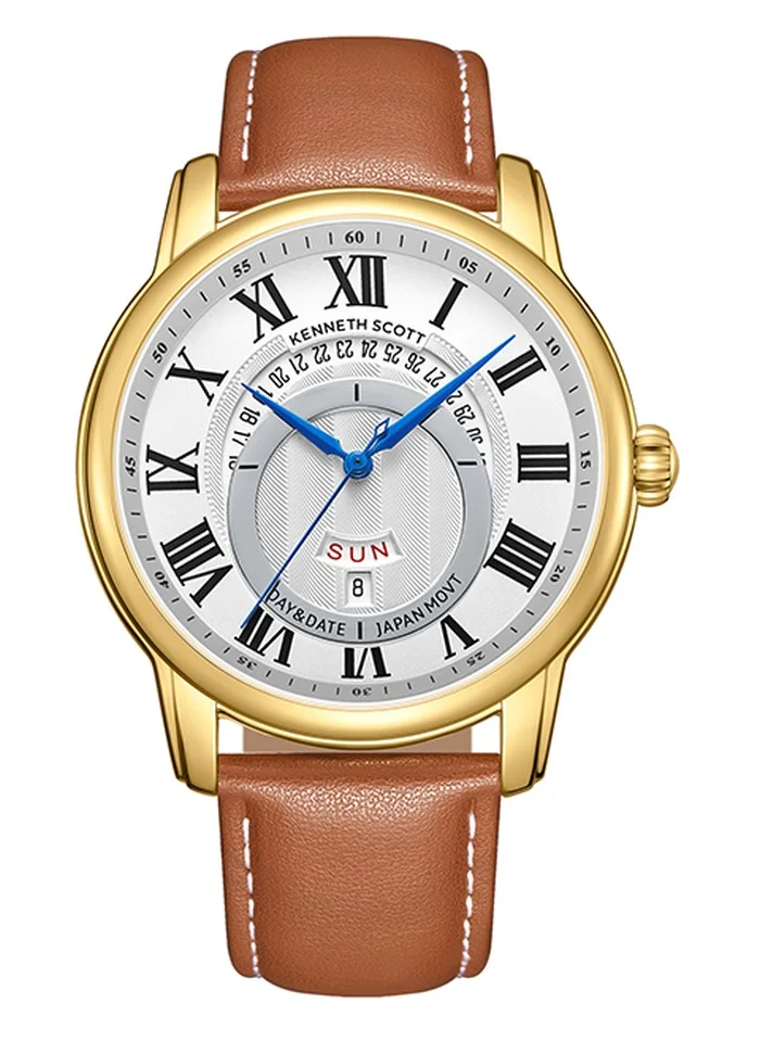 KENNETH SCOTT Men's Analog Display Watch With Brown Leather  Strap - K24020-GLEW