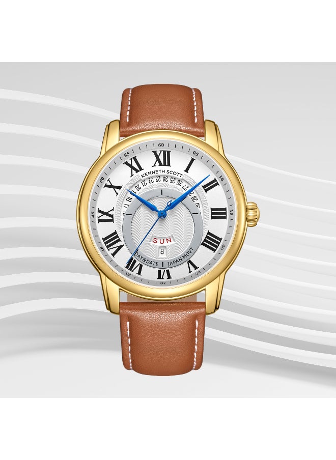 KENNETH SCOTT Men's Analog Display Watch With Brown Leather  Strap - K24020-GLEW  - Image 3