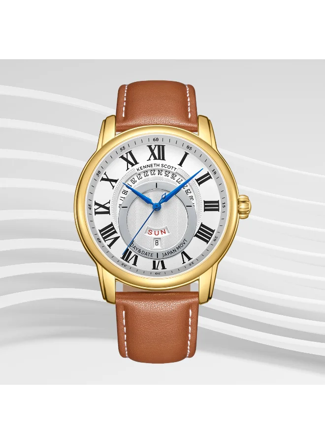 KENNETH SCOTT Men's Analog Display Watch With Brown Leather  Strap - K24020-GLEW