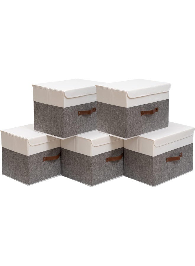 OUTBROS Large Collapsible Storage Box with Lid, Linen Fabric Clothing Shelf Basket Bins Box For Towels, Clothes 38 x 25 x 25 cm (White/Grey, 5-Pack) - Image 1