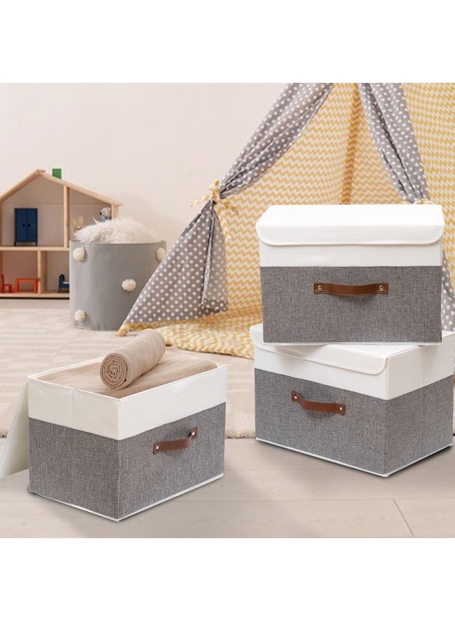 OUTBROS Large Collapsible Storage Box with Lid, Linen Fabric Clothing Shelf Basket Bins Box For Towels, Clothes 38 x 25 x 25 cm (White/Grey, 5-Pack) - Image 3