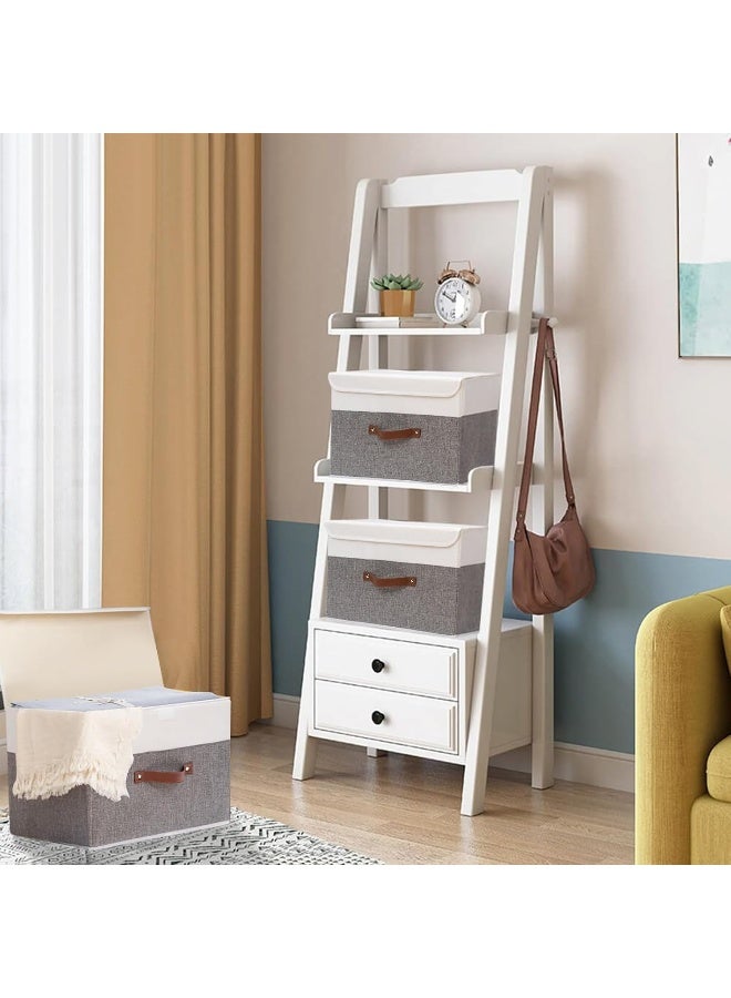OUTBROS Large Collapsible Storage Box with Lid, Linen Fabric Clothing Shelf Basket Bins Box For Towels, Clothes 38 x 25 x 25 cm (White/Grey, 5-Pack) - Image 2
