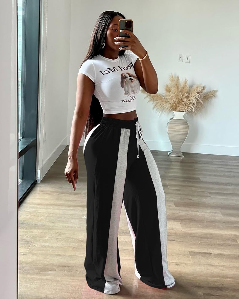 HBQ Womens Wide Leg Sweatpants High Waisted Drawstring Sweatpant Baggy Pants Athletic Joggers,Black,Small - Image 4