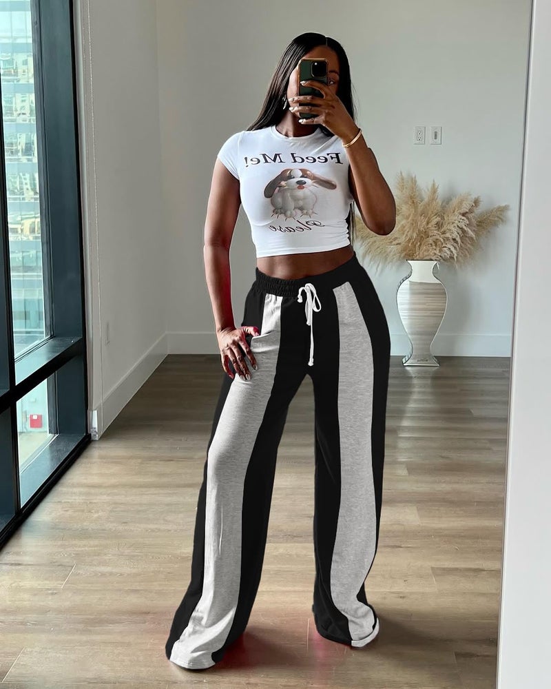HBQ Womens Wide Leg Sweatpants High Waisted Drawstring Sweatpant Baggy Pants Athletic Joggers,Black,Small - Image 2