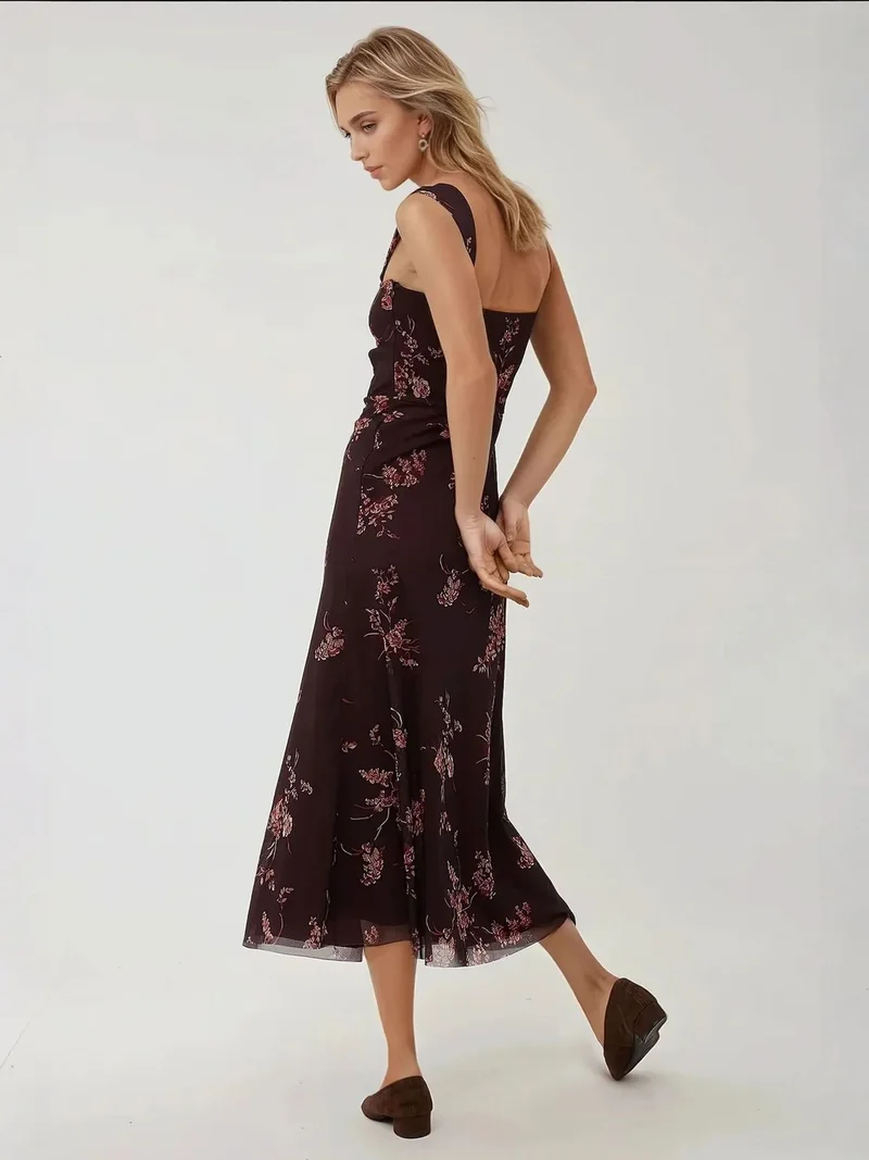 HICCUP Chestnut Brown Patterned Maxi Dress with Heart Collar for Women | Best Price UAE