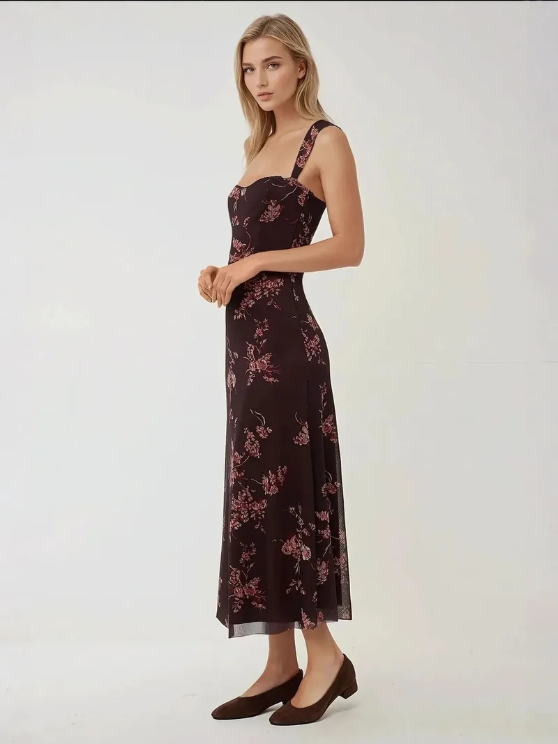 HICCUP Chestnut Brown Patterned Maxi Dress with Heart Collar for Women | Best Price UAE