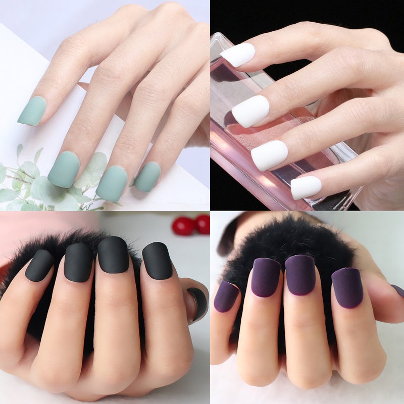 96 Pcs Frosted Matte Manicure Hand Nail Piece Mist Face Nail Face Short Square False Nail (24 Pcs Fleshy SM28-413 Jade Blue, 24 Pcs Fleshy SM28-P44 Purple, 24 Pcs Fleshy SM28-B Black, 24 Pcs Fleshy SM28-W White) - Image 3