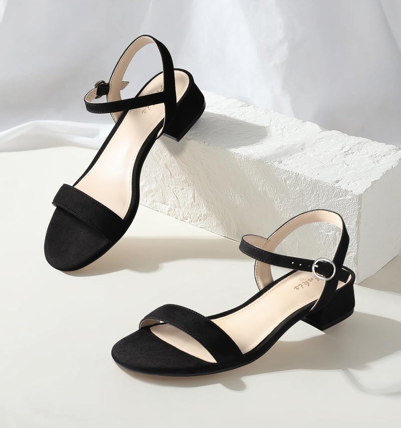 Ankis Women Nude Black White Sandals for Women Low Heel 1 Inch Dressy Sandal Ankle Strap Open Toe Block Short Heeled Summer Classic Comfortable Graduation Holiday Party Casual Flat Shoes - Image 2