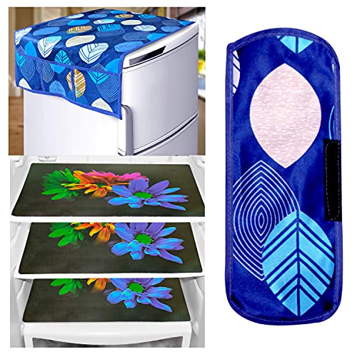 KANUSHI Industries® 1Pc Fridge Cover for Top with 6 Utility Pockets + 1 Handles Covers + 3 Fridge Mats (VAR-FRI-LONG-LEVS-BLUE-COMBO-M-24) - Image 1