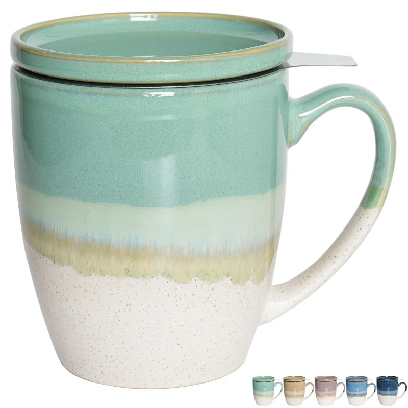 Bosmarlin Ceramic Tea Cup with Infuser and Lid 16 Oz 5 Colors to Choose Dishwasher and Microwave Safe Reactive Glaze Steeping Tea Mug with Strainer Mint Green