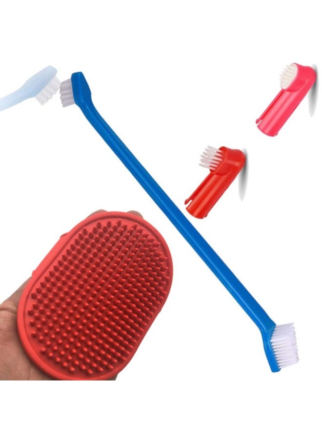 Sage Square Dog Toothbrush For Teeth & Dogs Removes Food Debris Double Sided With Long Curved + Pet Bath Brush Grooming Comb Shampoo Clean Hair & Massage Skin Rubber Glove For Dogs & Cats - Pack Of 2 - Image 1