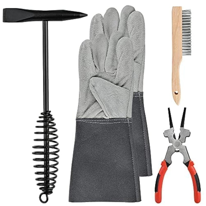Worldity 4-Piece Welding Slag Removal Tool Set - 10 Inch Chipping Hammer with Coil Spring Handle, Multi-Functional Pliers, Wire Brush, Welding Gloves - Image 1