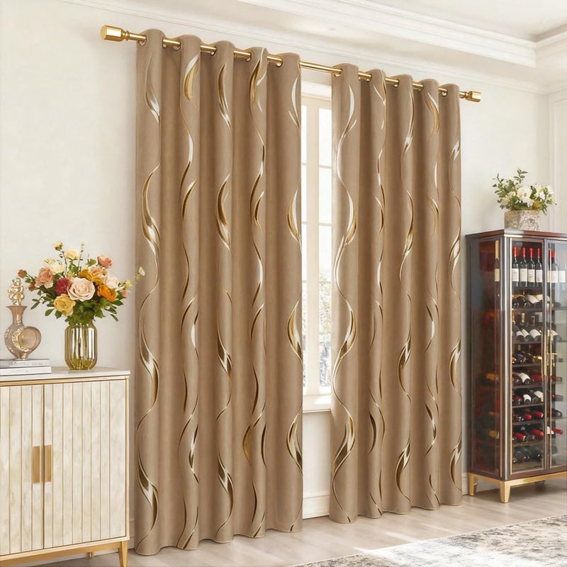 MYRU 1 Pair Brown Blackout Curtains for Bedroom, Luxury Striped Curtains for Living Room(Light Brown and Gold, 2 Panels 54 x 84 Inch) - Image 4