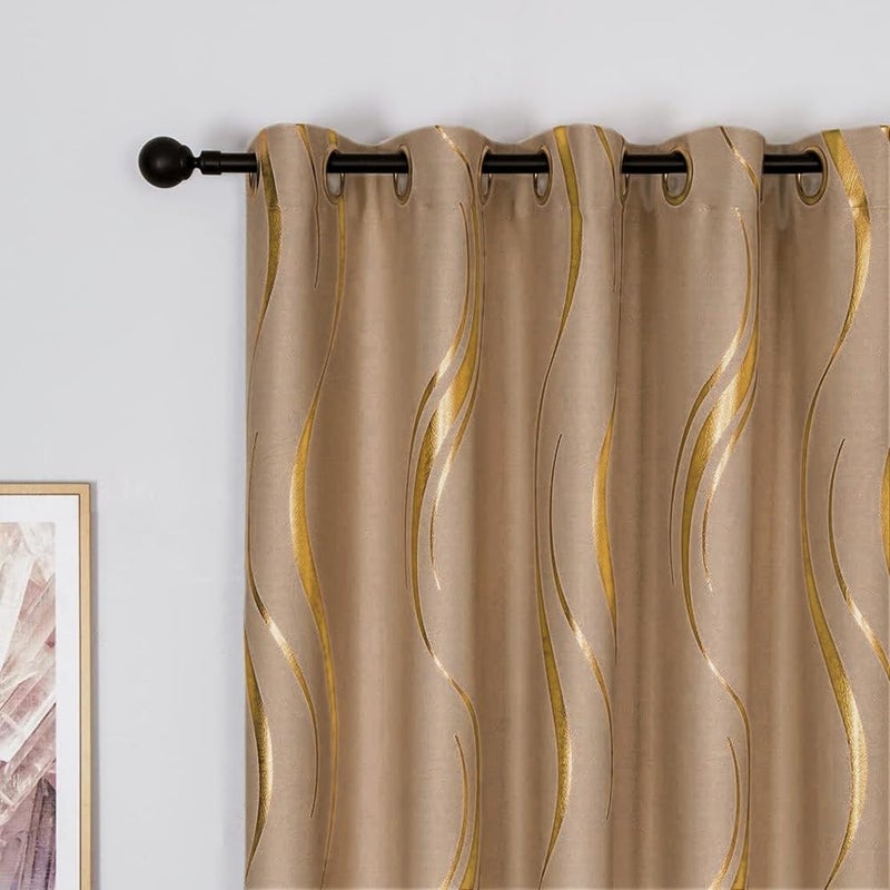 MYRU 1 Pair Brown Blackout Curtains for Bedroom, Luxury Striped Curtains for Living Room(Light Brown and Gold, 2 Panels 54 x 84 Inch) - Image 1