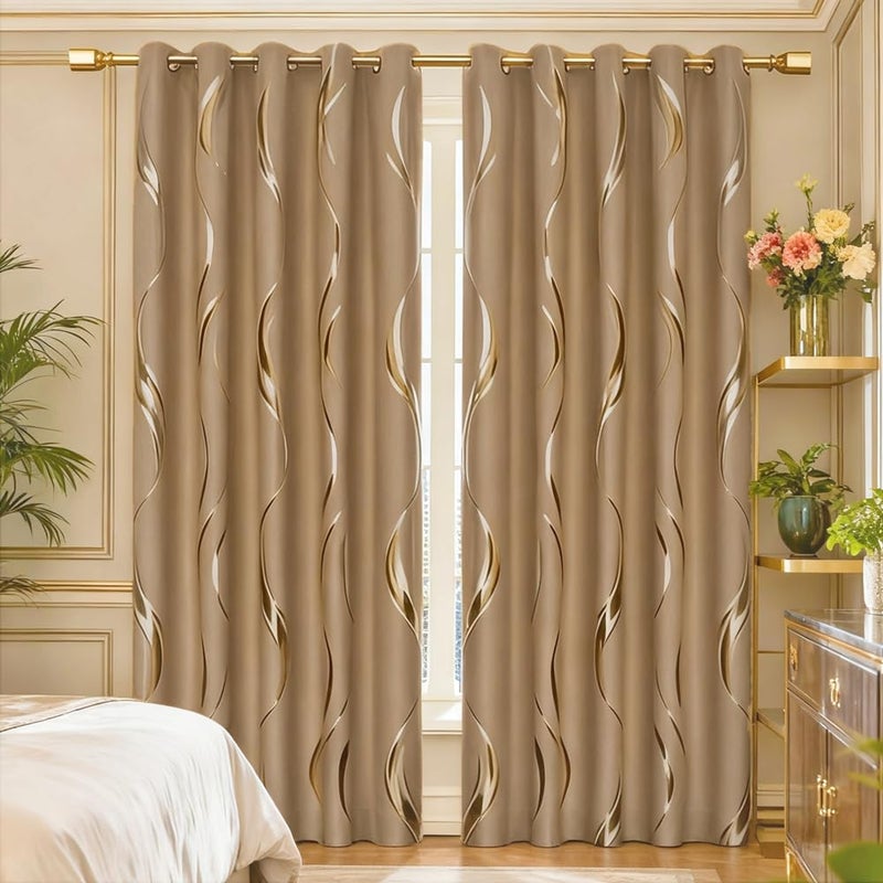 MYRU 1 Pair Brown Blackout Curtains for Bedroom, Luxury Striped Curtains for Living Room(Light Brown and Gold, 2 Panels 54 x 84 Inch) - Image 3