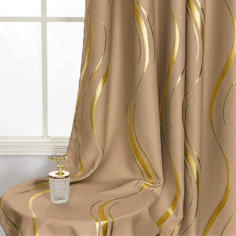 MYRU 1 Pair Brown Blackout Curtains for Bedroom, Luxury Striped Curtains for Living Room(Light Brown and Gold, 2 Panels 54 x 84 Inch) - Image 2