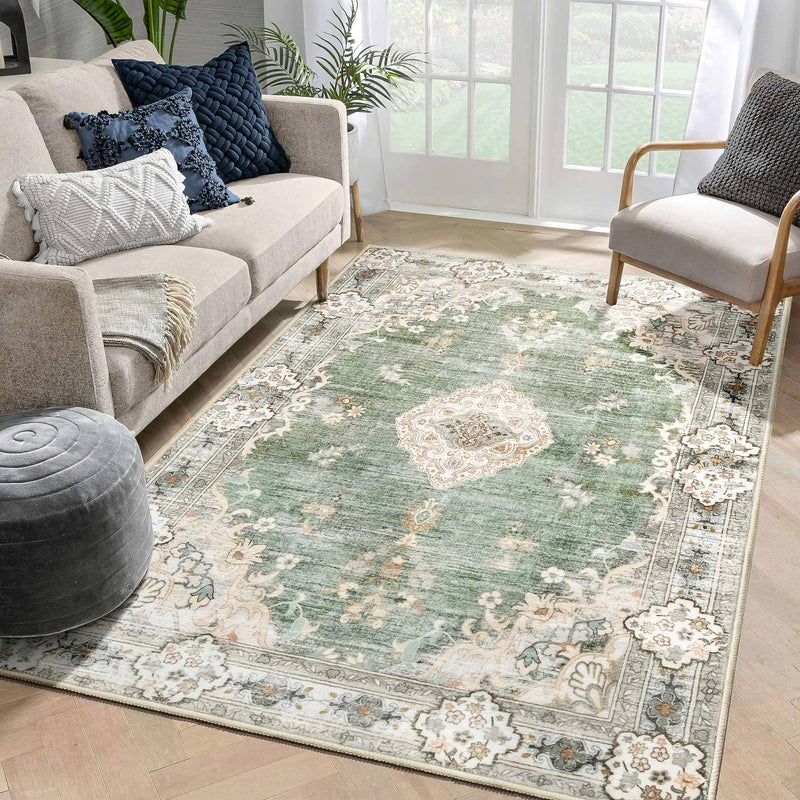 MUJOO 5'x7' Area Rugs Green Machine Washable Rugs Living Room Rugs Boho Area Rug for Bedroom Laundry Room Kitchen Non Slip Carpet Abstract Soft Low-Pile Floral - Image 2