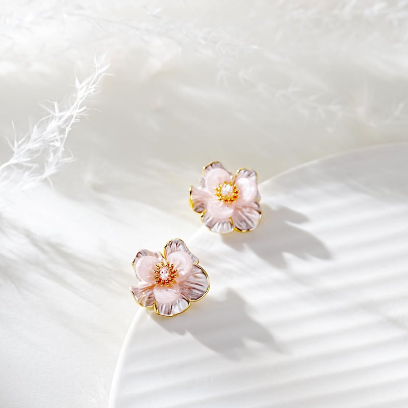 AllenCOCO Peach Blossom Enamel Stud Earrings, 18K Gold Plated, Sterling Silver Post, Faceted Pink CZ Center, Silicone Push Back, Hypoallergenic Dainty Flower Earrings for Women - Image 2