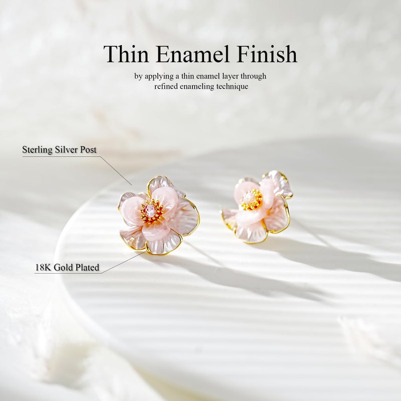 AllenCOCO Peach Blossom Enamel Stud Earrings, 18K Gold Plated, Sterling Silver Post, Faceted Pink CZ Center, Silicone Push Back, Hypoallergenic Dainty Flower Earrings for Women - Image 4