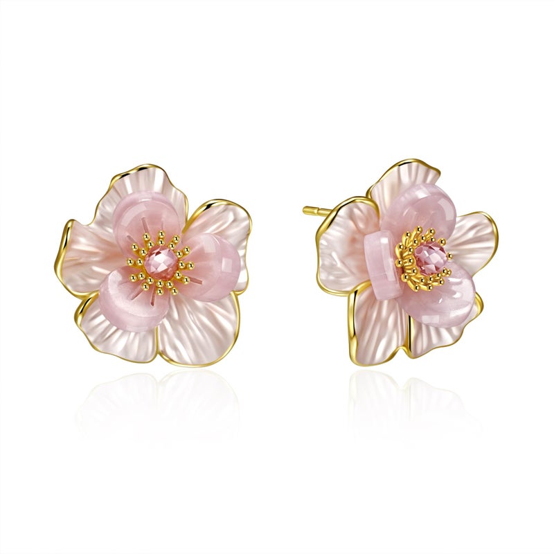AllenCOCO Peach Blossom Enamel Stud Earrings, 18K Gold Plated, Sterling Silver Post, Faceted Pink CZ Center, Silicone Push Back, Hypoallergenic Dainty Flower Earrings for Women - Image 1