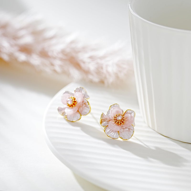 AllenCOCO Peach Blossom Enamel Stud Earrings, 18K Gold Plated, Sterling Silver Post, Faceted Pink CZ Center, Silicone Push Back, Hypoallergenic Dainty Flower Earrings for Women - Image 3
