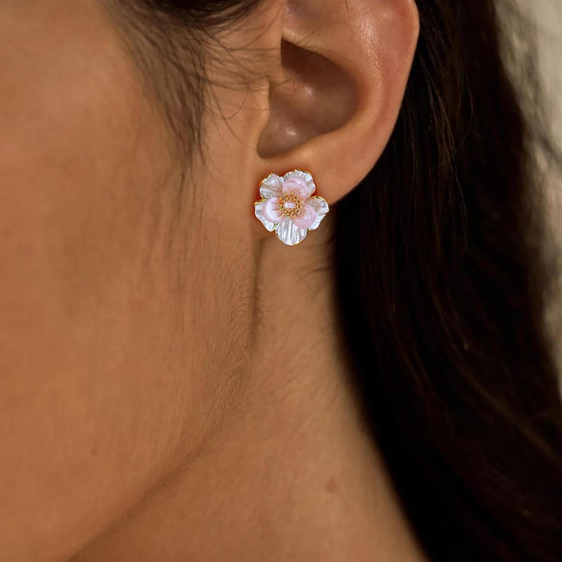 AllenCOCO Peach Blossom Enamel Stud Earrings, 18K Gold Plated, Sterling Silver Post, Faceted Pink CZ Center, Silicone Push Back, Hypoallergenic Dainty Flower Earrings for Women - Image 5
