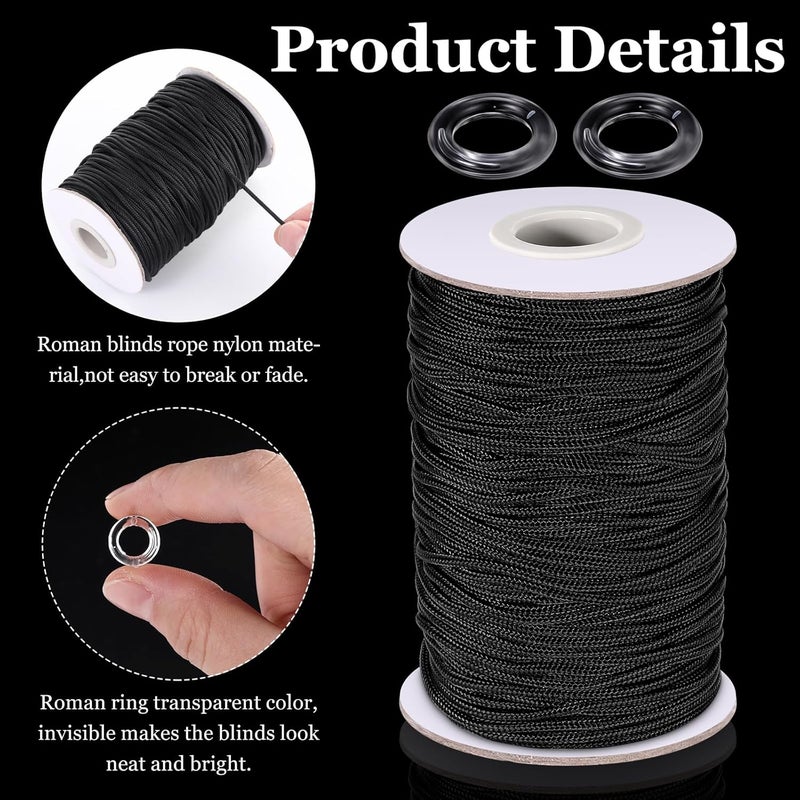 Shappy 100 Pieces Clear Roman Curtain Rings 55 Yards Roman Blind Cord 8 to 13 mm Transparent Plastic Rings 1.8 mm White Braided Lift Shade Cord for DIY Blind Curtains (Black) - Image 3