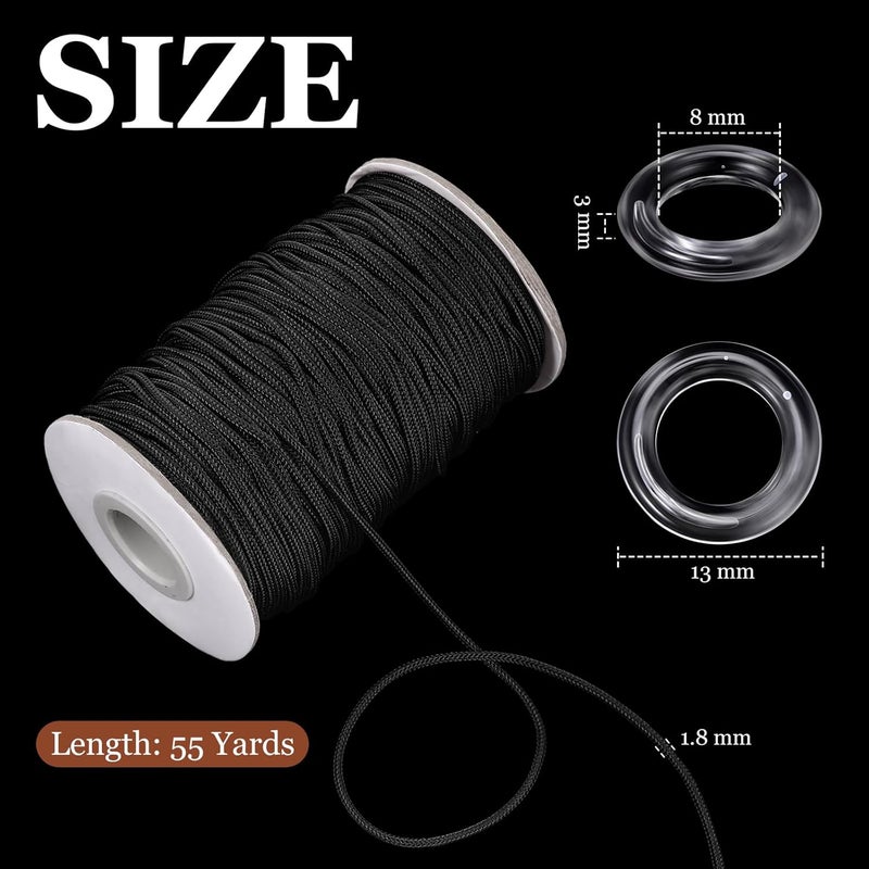 Shappy 100 Pieces Clear Roman Curtain Rings 55 Yards Roman Blind Cord 8 to 13 mm Transparent Plastic Rings 1.8 mm White Braided Lift Shade Cord for DIY Blind Curtains (Black) - Image 2