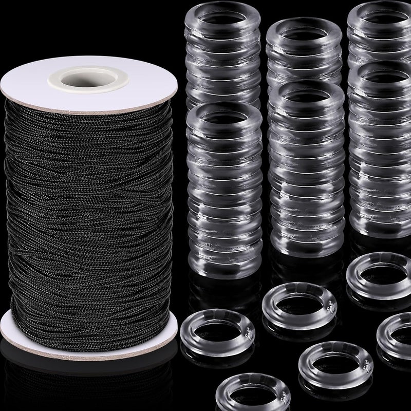 Shappy 100 Pieces Clear Roman Curtain Rings 55 Yards Roman Blind Cord 8 to 13 mm Transparent Plastic Rings 1.8 mm White Braided Lift Shade Cord for DIY Blind Curtains (Black) - Image 1