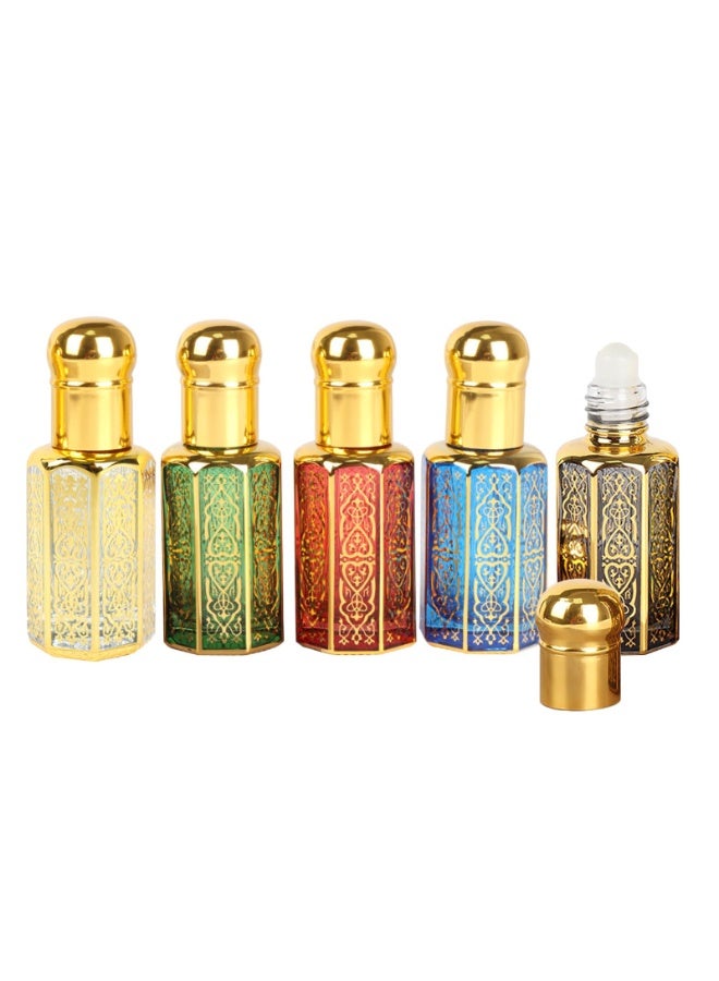Vintage Arabic 12ml Hexagonal Glass Essential Oil Roller Bottles Set with Gold Embossed Pattern, 5-Pack - Image 1