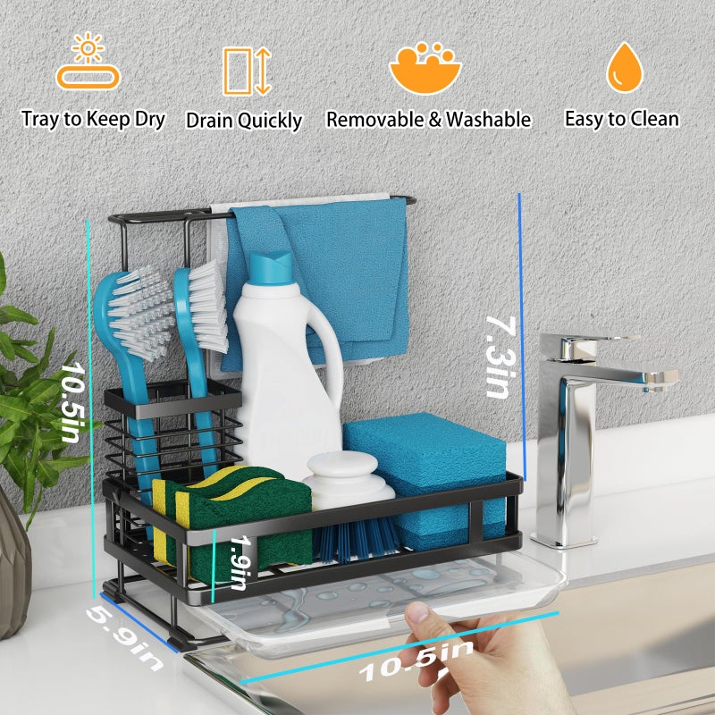Godboat Dish Soap Dispenser, Kitchen Sink Organizer with Brush Rack, 304 Stainless Steel, Sponge Holder for Kitchen Sink, Sink Caddy with Drain-Pan, Cool Kitchen Gadgets & Gifts for Women, Christmas - Image 2