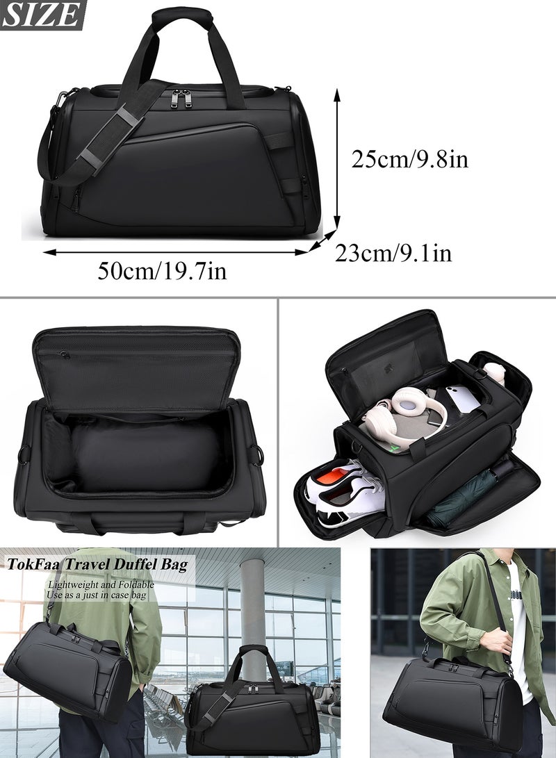 TokFaa Sports Gym Bag for Men Women Travel Duffel Bag with Shoes Compartment and Wet Pocket Carry on Bag 48L Waterproof Shoulder Weekender Overnight Luggage Bag Swimming Yoga Tote Bags(Black) - Image 2