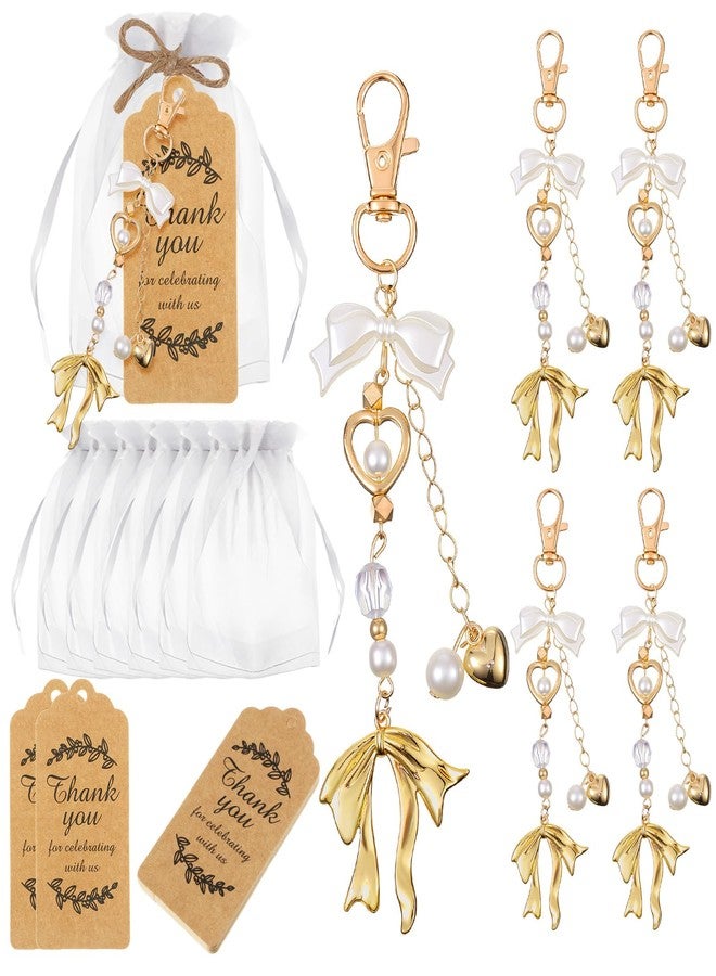 Ecation 20 Set Bow Keychain Party Favor Set Bow Keyring Pearl Bag Charm Aesthetic Accessories Purse Charm Souvenir Present with Kraft Tag Organza Bag for Guest Baptism Baby Shower Wedding(Gold Bow) - Image 1