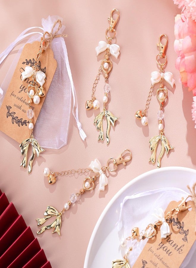 Ecation 20 Set Bow Keychain Party Favor Set Bow Keyring Pearl Bag Charm Aesthetic Accessories Purse Charm Souvenir Present with Kraft Tag Organza Bag for Guest Baptism Baby Shower Wedding(Gold Bow) - Image 5