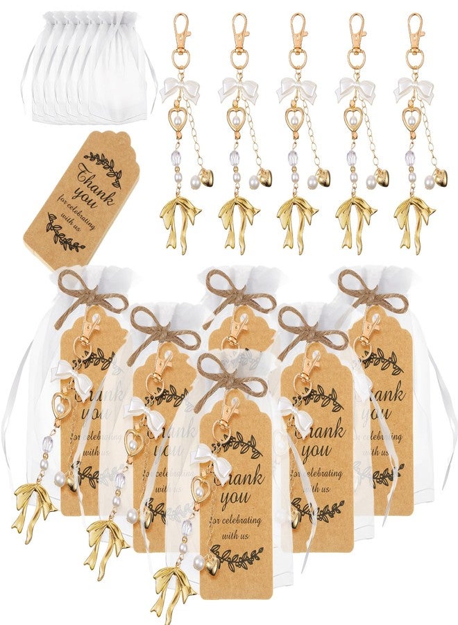 Ecation 20 Set Bow Keychain Party Favor Set Bow Keyring Pearl Bag Charm Aesthetic Accessories Purse Charm Souvenir Present with Kraft Tag Organza Bag for Guest Baptism Baby Shower Wedding(Gold Bow) - Image 2