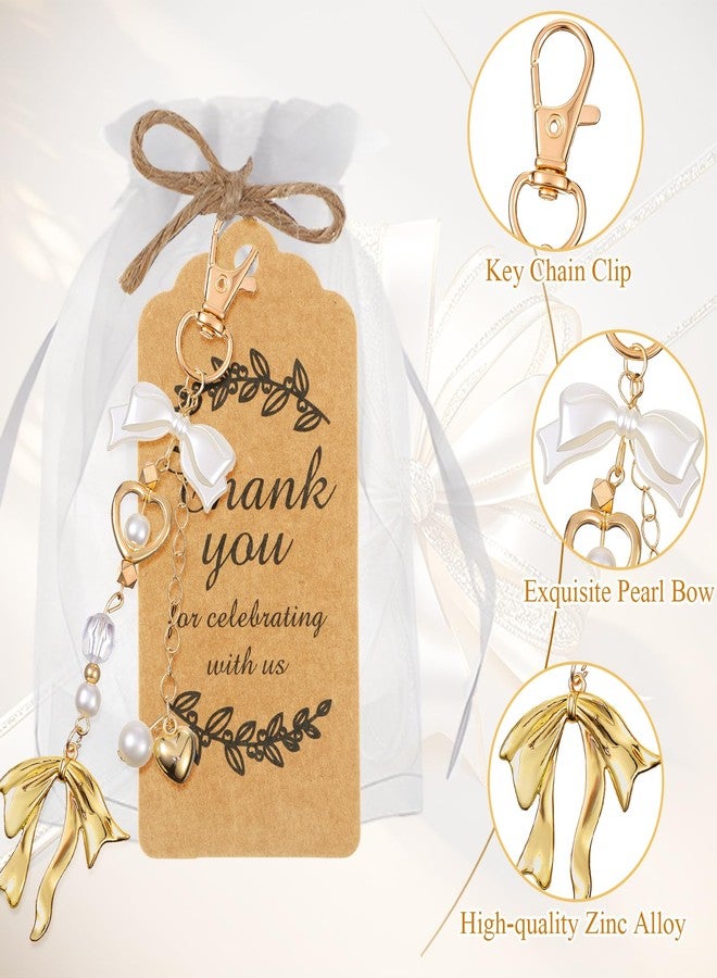 Ecation 20 Set Bow Keychain Party Favor Set Bow Keyring Pearl Bag Charm Aesthetic Accessories Purse Charm Souvenir Present with Kraft Tag Organza Bag for Guest Baptism Baby Shower Wedding(Gold Bow) - Image 4