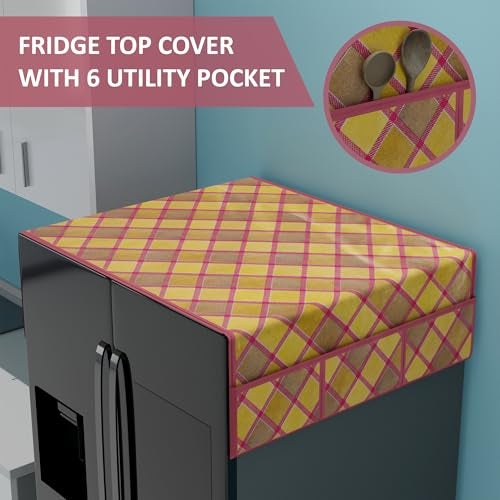 Kuber Industries XL Size Wipeable & Dustproof Fridge Cover Top With 6 Storage Pockets | Easy To Clean Refrigerator Cover Ideal for Home, Canteen & Office | Gold Check- Maroon - Image 4