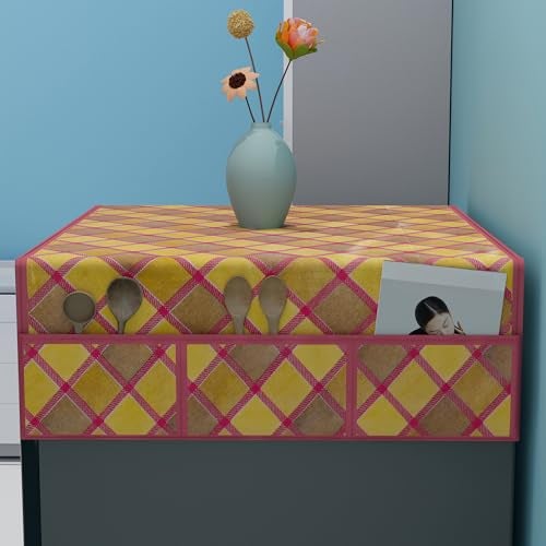 Kuber Industries XL Size Wipeable & Dustproof Fridge Cover Top With 6 Storage Pockets | Easy To Clean Refrigerator Cover Ideal for Home, Canteen & Office | Gold Check- Maroon - Image 2