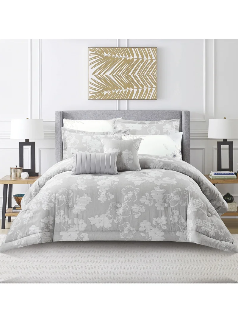 Donetella Bedding Comforter Set 8-Pcs King Size Solid Yarn Dyed Bed Set Fits (200 x 200 Cm) All Season 350GSM Feather Silk Fill, Cool Grey