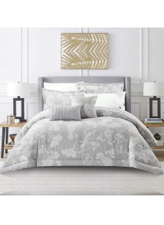 Donetella Bedding Comforter Set 8-Pcs King Size Solid Yarn Dyed Bed Set Fits (200 x 200 Cm) All Season 350GSM Feather Silk Fill, Cool Grey  - Image 1