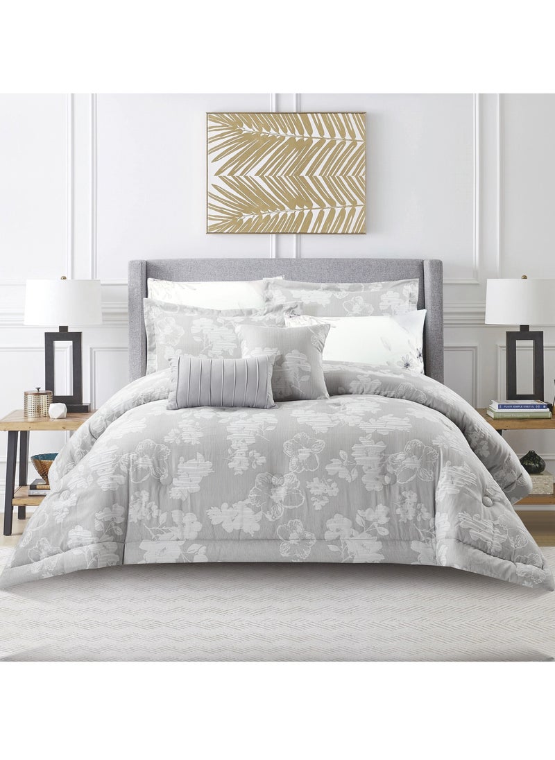 Donetella Bedding Comforter Set 8-Pcs King Size Solid Yarn Dyed Bed Set Fits (200 x 200 Cm) All Season 350GSM Feather Silk Fill, Cool Grey  - Image 1
