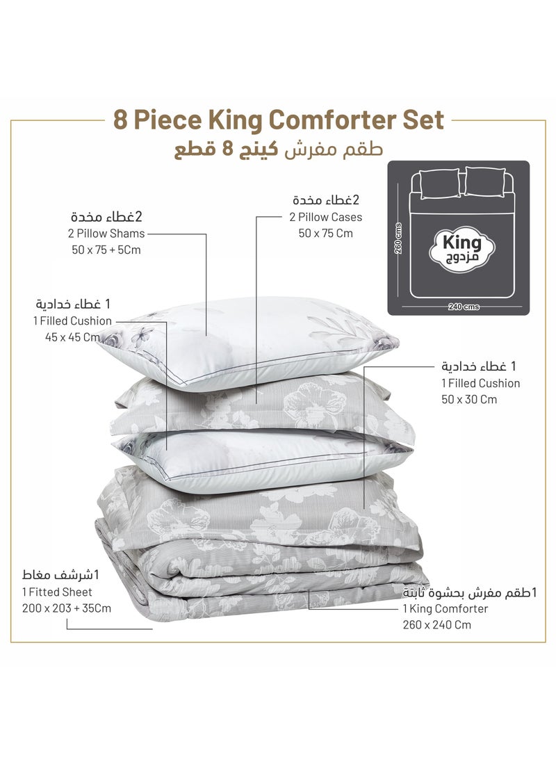 Donetella Bedding Comforter Set 8-Pcs King Size Solid Yarn Dyed Bed Set Fits (200 x 200 Cm) All Season 350GSM Feather Silk Fill, Cool Grey  - Image 5