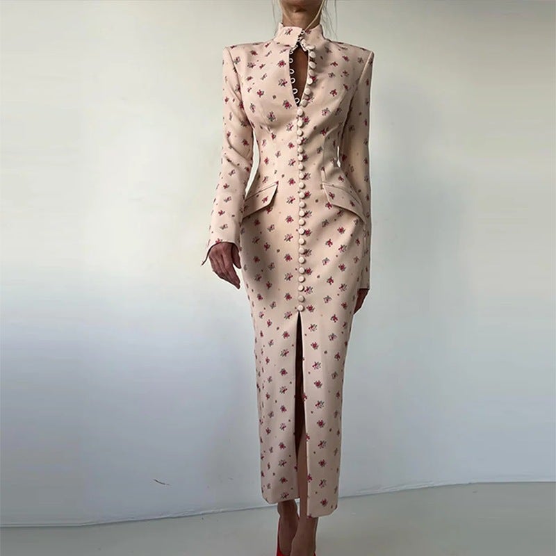 Sexy Elegant Printed Split Dress with Single Breasted Buttons - Image 2