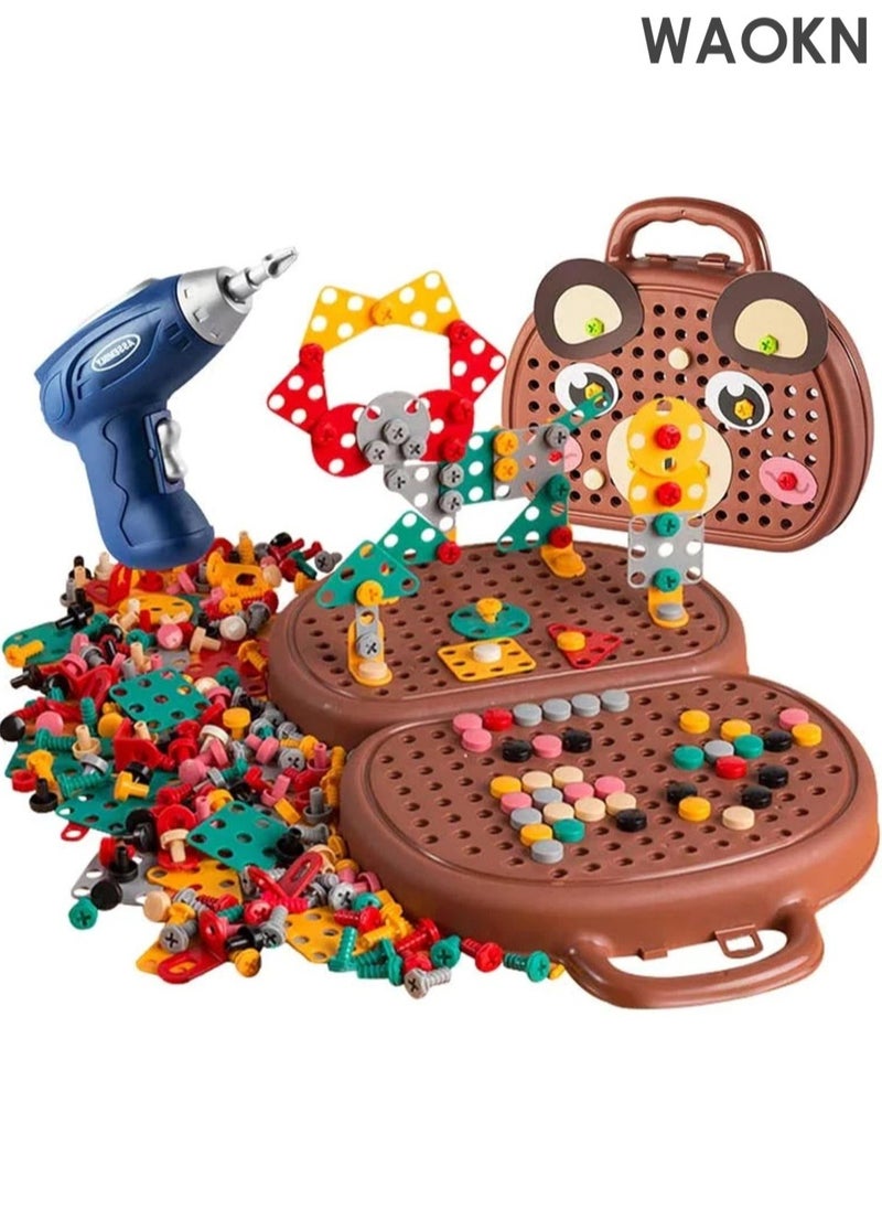 WAOKN 205 PCS Creative Electric Mosaic Drill Puzzle Toys Set with Electric Toy Drill Screw Tool Box Set, Creative Toolbox with Toys Electric Drill Screwdriver Tool Set Creative Mosaic Puzzle Toy - Electric Drill Toy & Rainbow Fasteners, Premium STEM Building Set for Kids 3+ Years Old  - Image 1